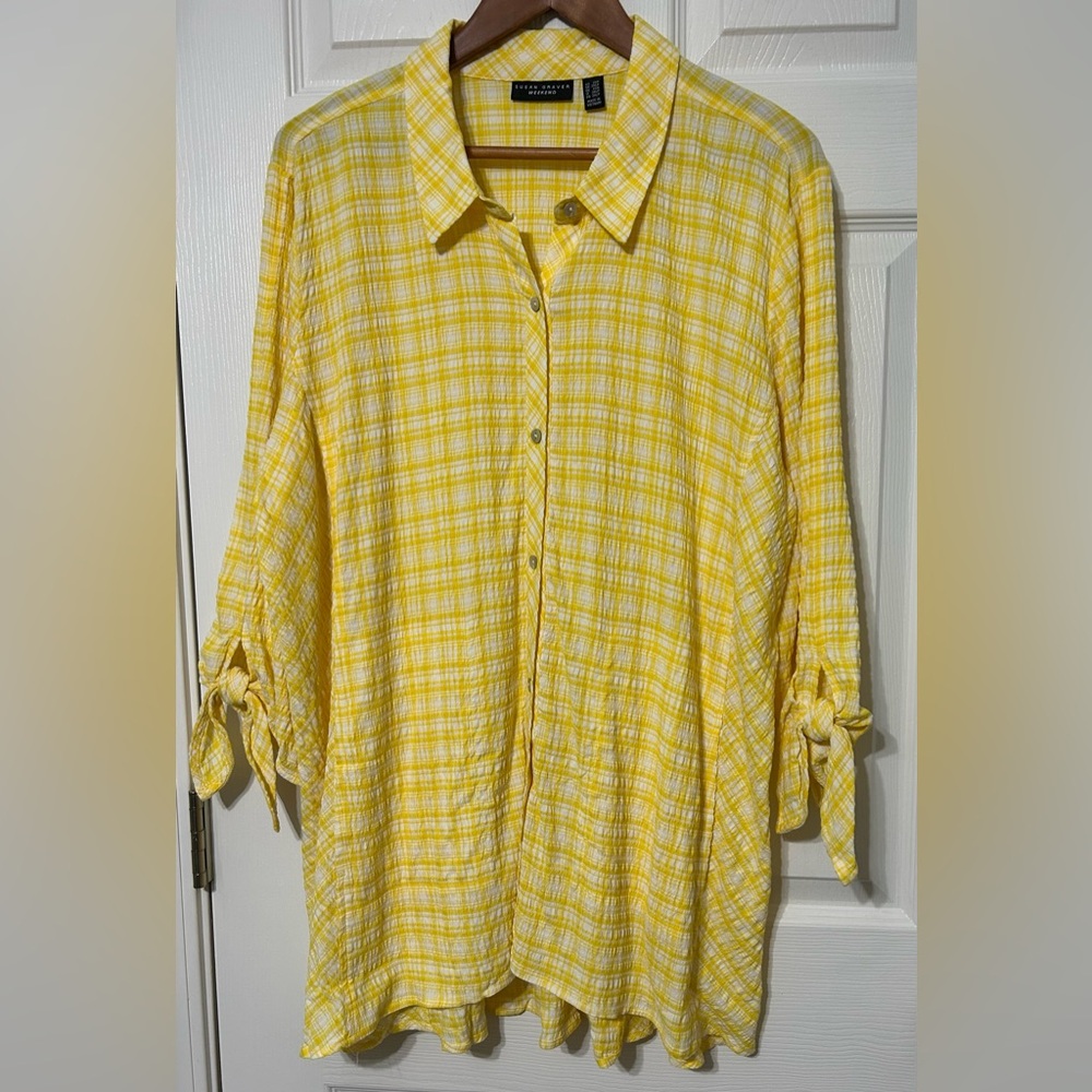 SUSAN GRAVER Weekend Lemon Yellow Gingham Plaid Tunic Blouse Button Up NWzoT 2XP